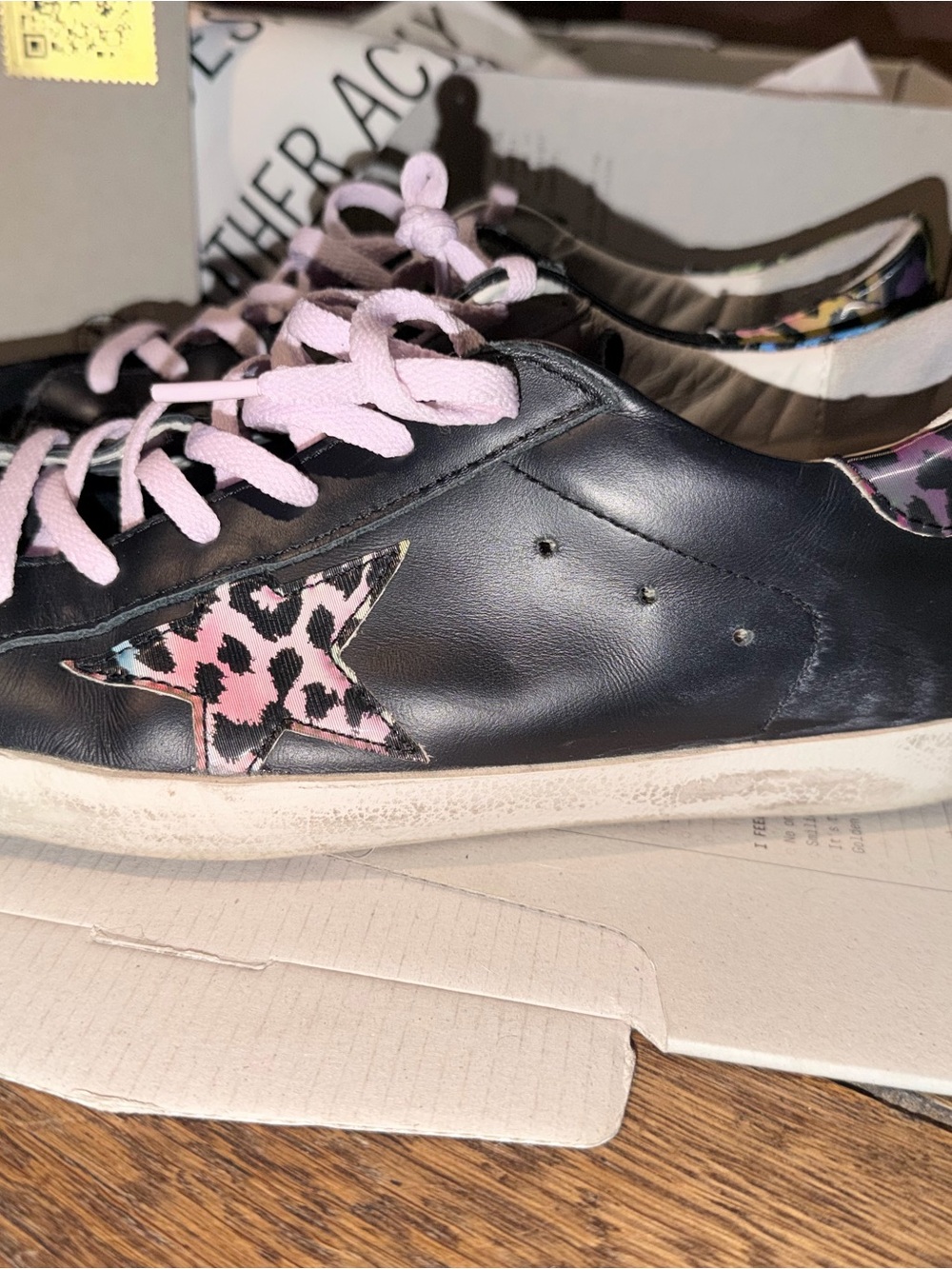 Golden Goose Black Leather Sneakers with Neon Leopard Accents and Pink Laces - Picture 2 of 7